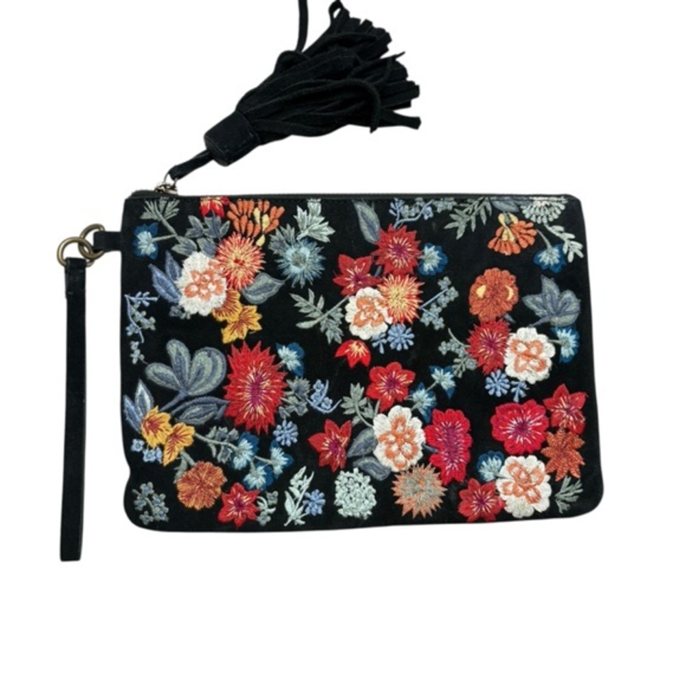 Lucky brand suede floral embroidered black wristlet clutch bag